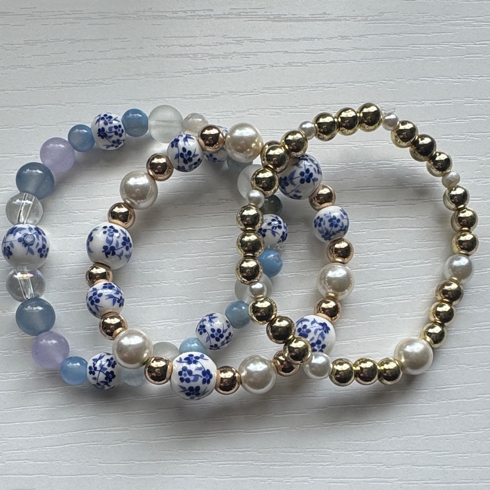 Hand Beaded Artisan Crystal Bracelet Stack Blue Gold and White